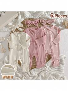 Loomiva Newborn Baby Boy/Girl Solid Color Letter Print Soft Knit Crew Neck Long Sleeve Romper + Headband Set - Multicolor - View 5
