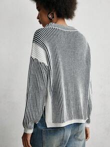 SHEIN LUNE Women's Casual Crew Neck Drop Shoulder Long Sleeve Vertical Striped Knit Sweater, Autumn/Winter - Black - View 2