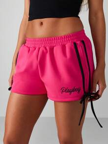 Missguided x Playboy Quần short chạy bộ buộc dây bên hông in logo thời trang mùa hè nóng bức có dây rút - Màu Hồng Tươi - Xem 5