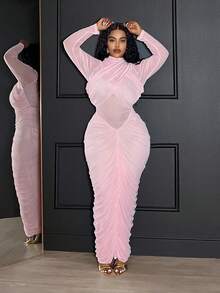 Veslaya 春秋新款优雅派对约会生日晚宴毕业典礼婚礼浪漫修身纯粉色拼接V腰褶裥长袖连衣裙，配以透视网纱，适合大码女性 - 粉色 - 查看 2