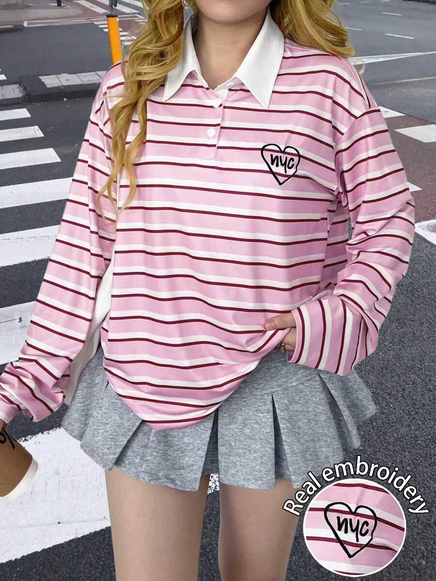 INAWLY 女式休闲运动条纹领撞色刺绣图案长袖T恤 - 彩色 - 查看 1