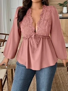 Weeklong Plus Size Women Contrast Lace V-Neck Tie Front Lantern Sleeve Ruffle Hem Sexy Blouse - Dusty Pink - View 4