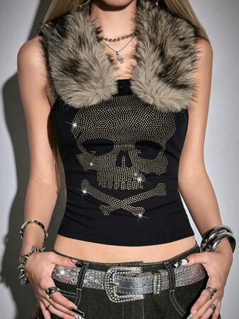 ROMWE Avant Top corto con decoración de esqueleto con rhinestones, cuello de piel y diseño sin espalda