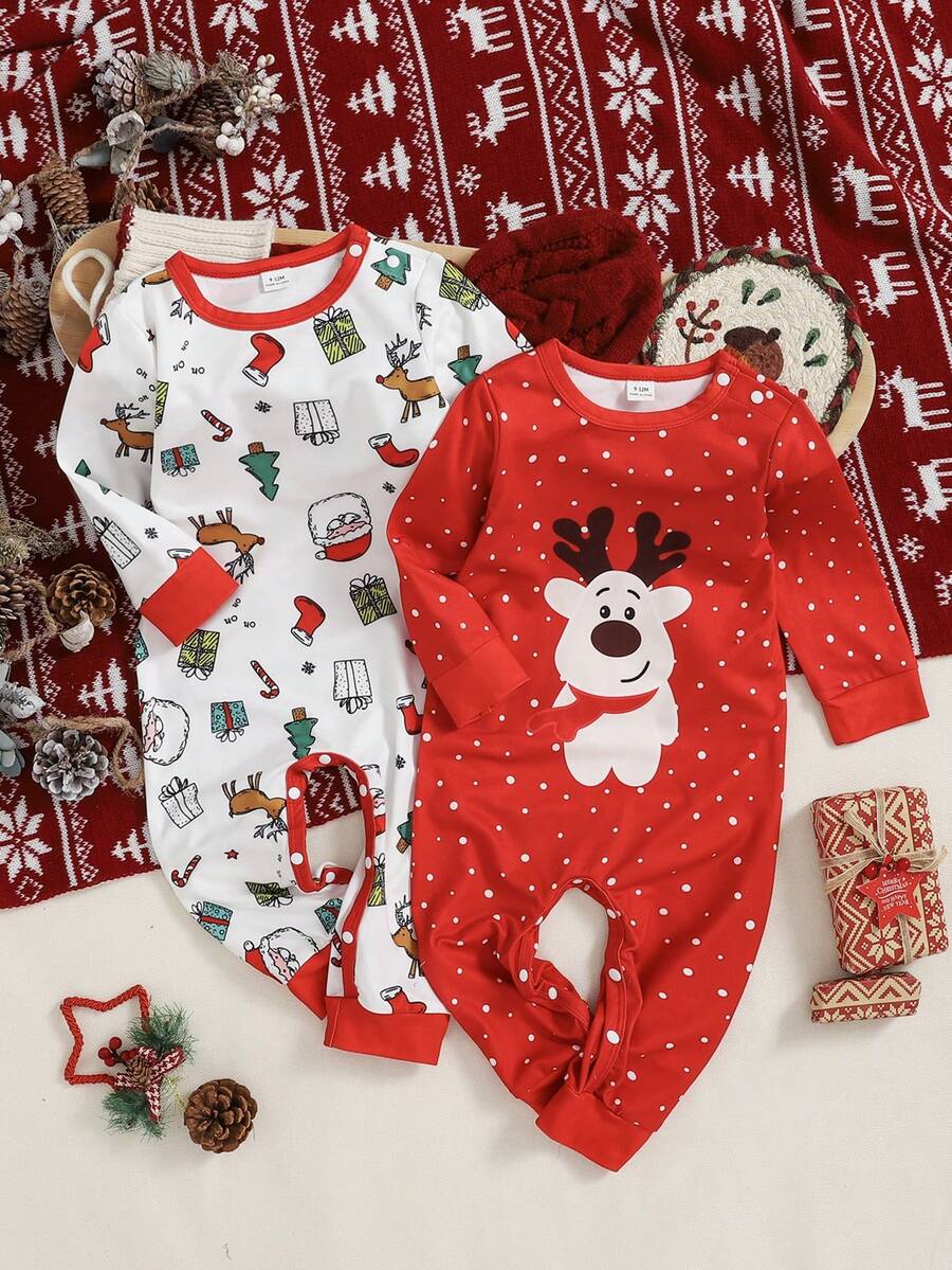Playful Pals 2pcs/Set Infant Boys' Casual Cute Santa Claus Candy Cane Christmas Tree Gift Bear Print Jumpsuit, Suitable For Christmas, Parties In Autumn/Winter - Multicolor - View 1