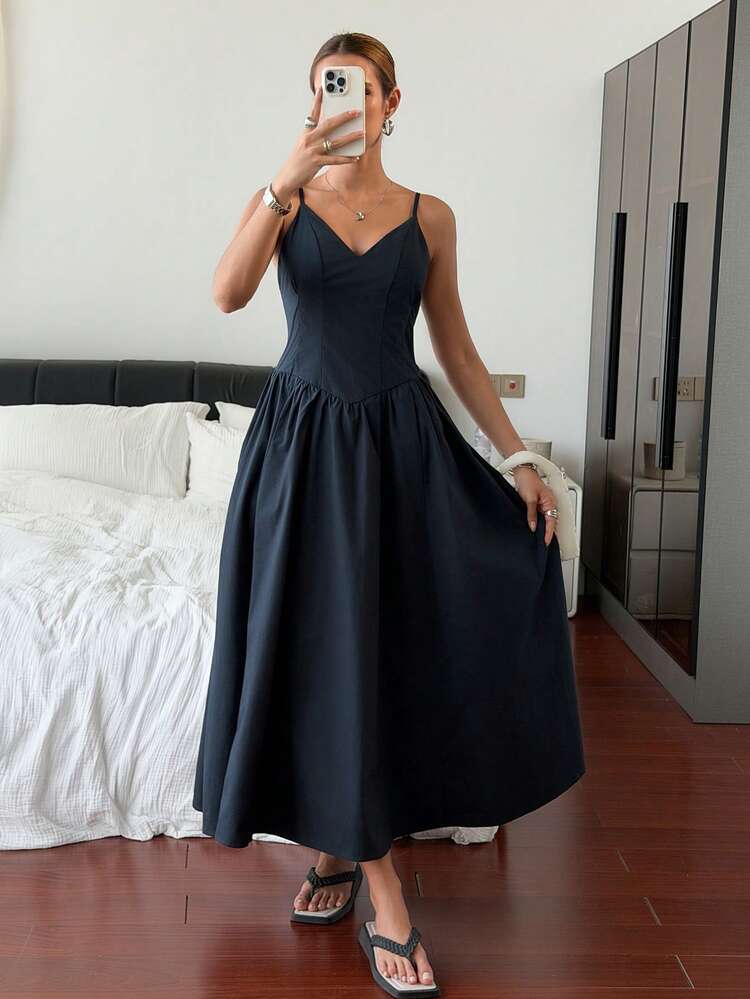 Women's V-Neck Cinched Waist Long Dress, Summer Dress