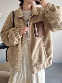 FRIFUL 女士杏色立领蓬松拼接撞色下摆宽松休闲百搭常规外套，适合秋季保暖内衬，冬季女式外套 - 駝色 - 查看 5