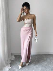 SHEIN Elenzya 女士新款粉色提花拼接弹力牛奶丝露肩无袖褶皱高腰不对称高开衩修身连衣裙，浪漫优雅正式礼服，适合宴会、秋冬 - 粉色 - 查看 5