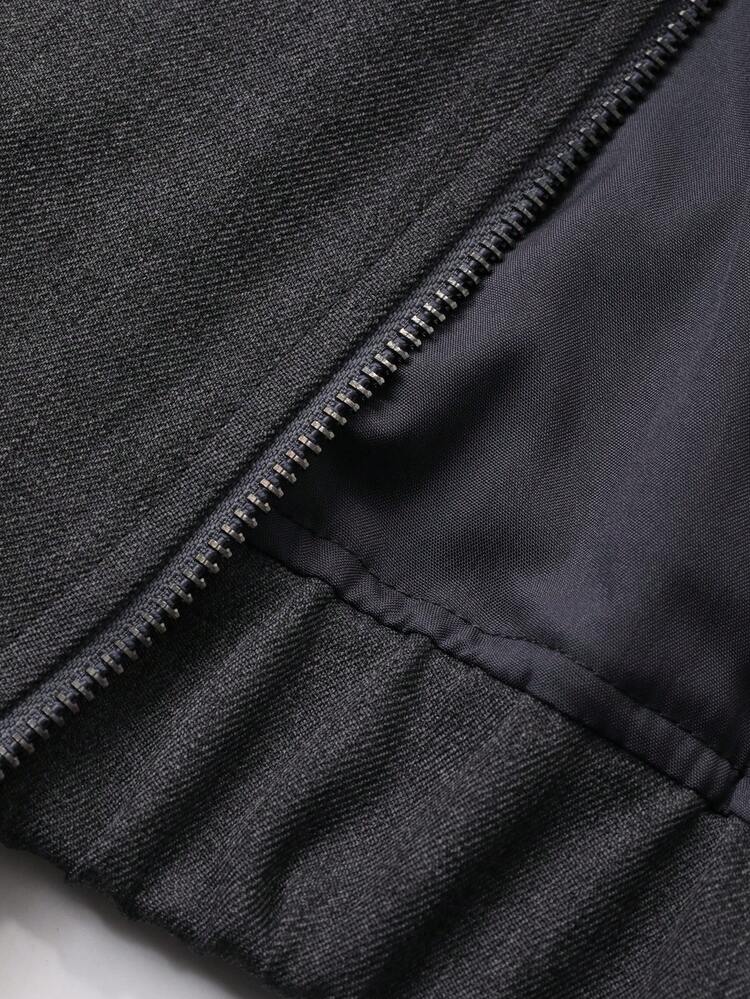 Solid Color Stand Collar Commuter Vintage Style Gray Textured Fabric Men's Jacket Set, Autumn