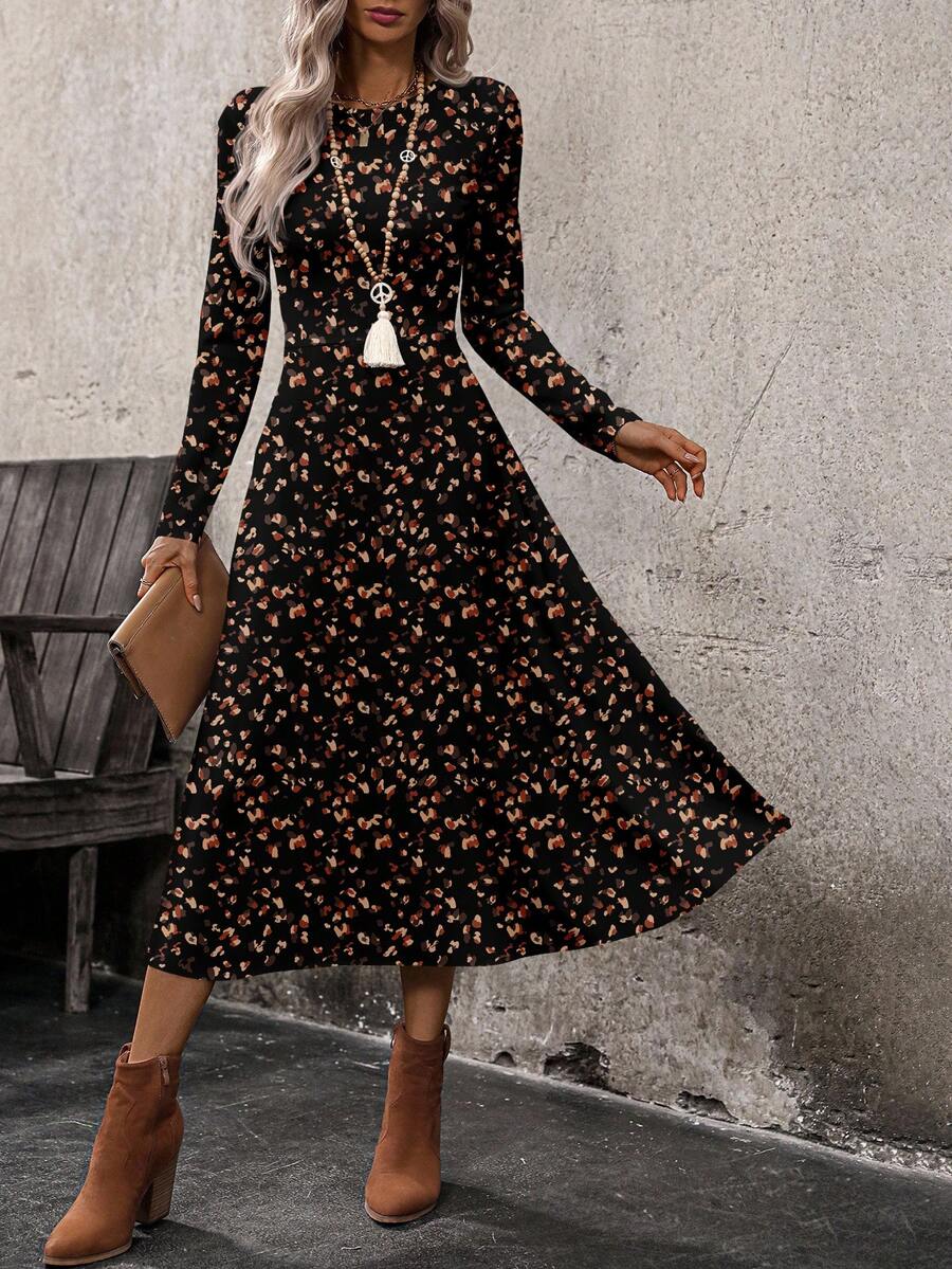 EMERY ROSE Casual Floral Pattern Round Neck Long Sleeve Waisted Women Long Dress, Suitable For Spring And Autumn - Multicolor - View 1