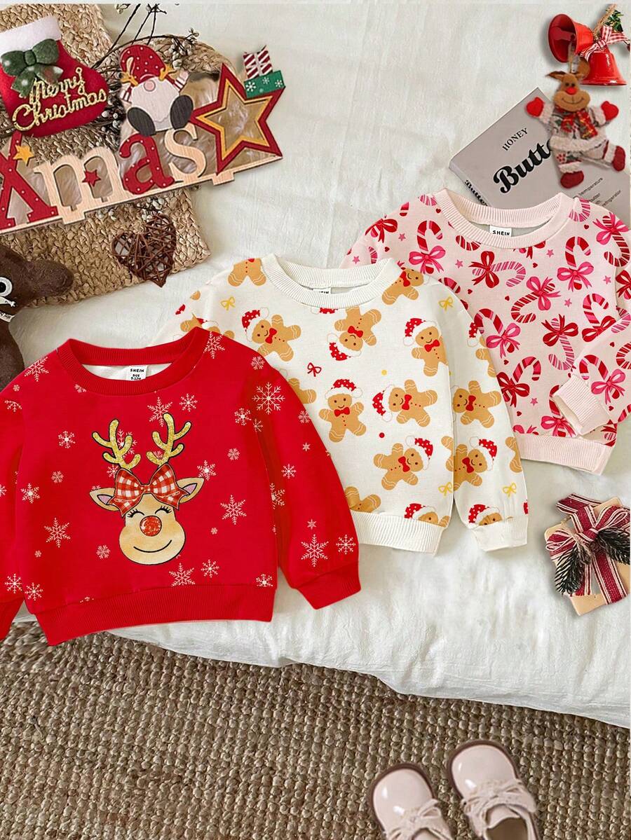 3pcs/Set Baby Girl Autumn Red Christmas Sweatshirts,Funny Graphic Reindeer Gingerbread Man Bow Print Long Sleeve Pullover Tops,Birthday Leisure Wear - Multicolor - View 1