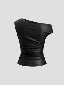 Sweetra 女士皮革金属装饰休闲时尚上衣 - 黑色 - 查看 2