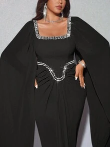 Viva Relle 大码女式优雅浪漫奢华宴会婚礼宾客雪纺灯笼袖圆领钻石装饰飘逸长裙（随机水钻镶嵌） - 黑色 - 查看 4