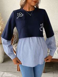 SHEIN Felpa da allattamento a 2 in 1 con stampa floreale, patchwork e righe per gravidanza - Blu - Visualizzare 3