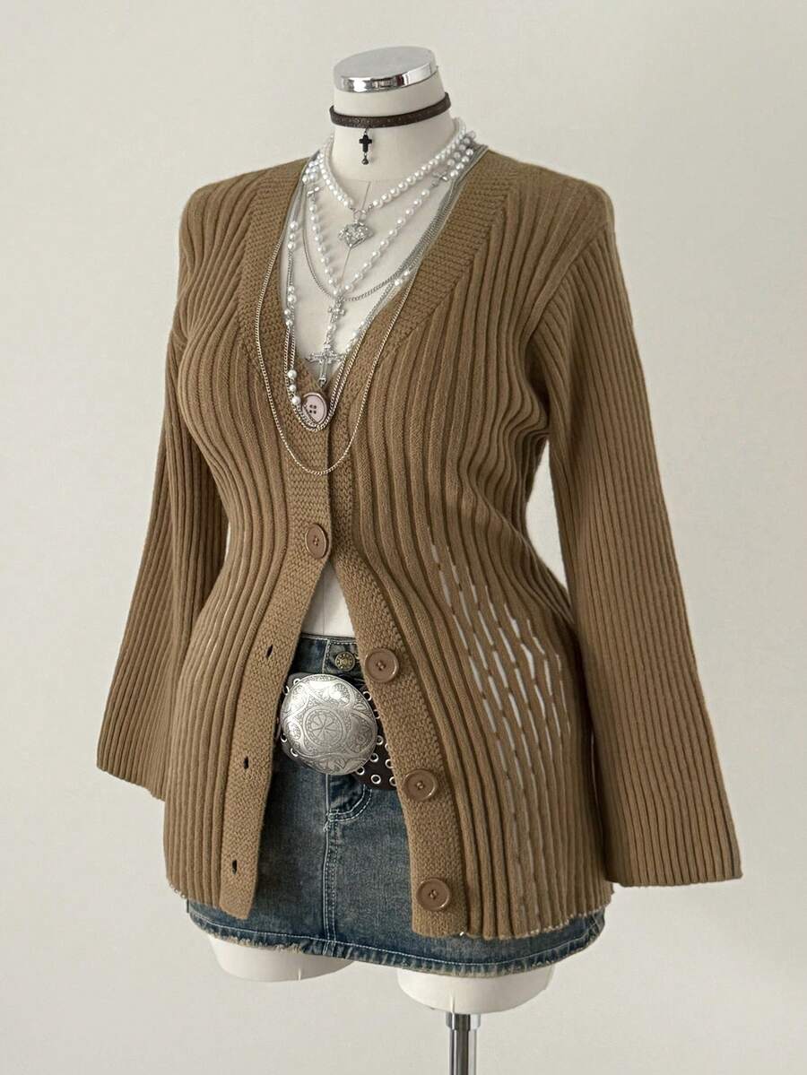 Sunspun Áo khoác len cardigan dáng rộng phong cách Bohemian cài nút phía trước, khoét eo, phù hợp mặc trong mọi mùa, đi nghỉ, xuân/thu, thu/đông, mặc trong nhà và ngoài trời, đi làm hàng ngày - màu nâu - Xem 1