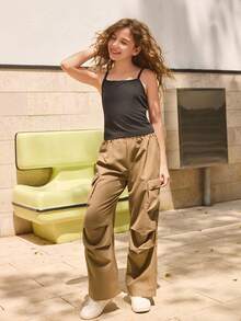 SHEIN 3pcs/Set Vintage American Style Girls Plaid Lapel Jacket, Black Camisole, And Casual Cargo Pants - Camel - View 5