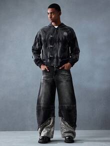 ROMWE MEN Street Life 男士时尚水洗渐变连帽牛仔夹克 - 黑色 - 查看 2
