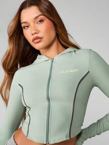 Missguided x Playboy Sage Zip Up Hooded Sports Jacket With Contrast Panel Details And Drawstring Hood - Green - View 1