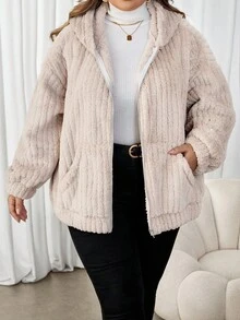 SHEIN CURVE+ Áo khoác cardigan nữ cỡ lớn có khóa kéo, có túi, áo khoác nỉ trùm đầu, quần áo thu đông cho nữ - Màu Khaki - Xem 3
