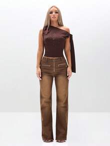 BABYPHAT Tie Detail One Shoulder Top With Rhinestone Embellishment Off Shoulder Blouse For Women - Chocolate Brown - View 3