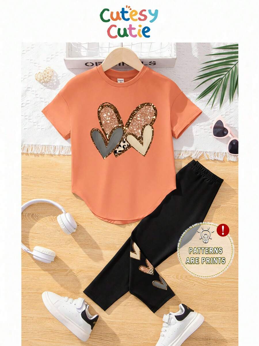 SHEIN 青少年女孩休闲简约短款 T 恤和长裤两件套,适合夏季 - 彩色 - 查看 1
