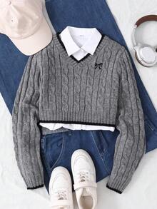 SHEIN Áo len dài tay cổ chữ V trang trí nơ cho bé gái tuổi teen, phong cách K Pop Preppy thu/đông cho bé gái Sumwon - Màu xám đen - Xem 2