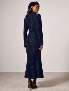COSMINA 女式做旧条纹长袖美人鱼下摆修身优雅中长连衣裙 - 藏蓝色 - 查看 2