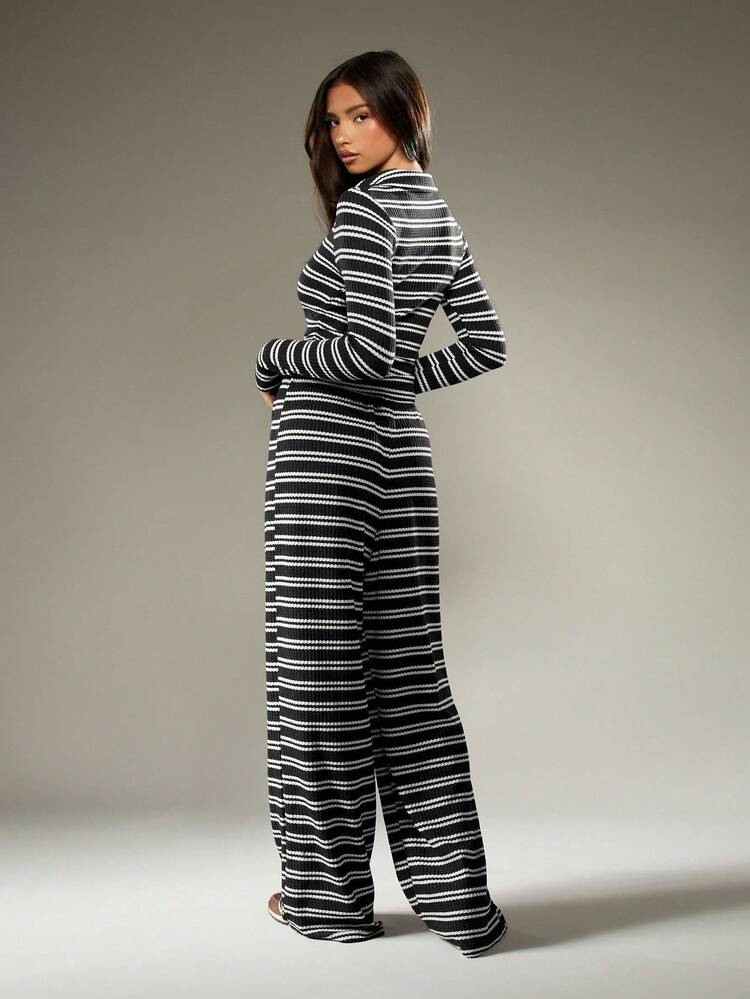 MISSGUIDED Prążkowana dzianina w paski, dopasowany top z długim rękawem, szerokie spodnie, wygodny, codzienny, jesienny, zimowy