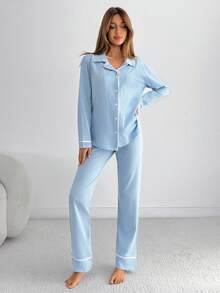 SHEIN Classic Button Front Pajama Set – Soft Long Sleeve Top & Comfy Straight Leg Pants Loungewear - Baby Blue - View 3