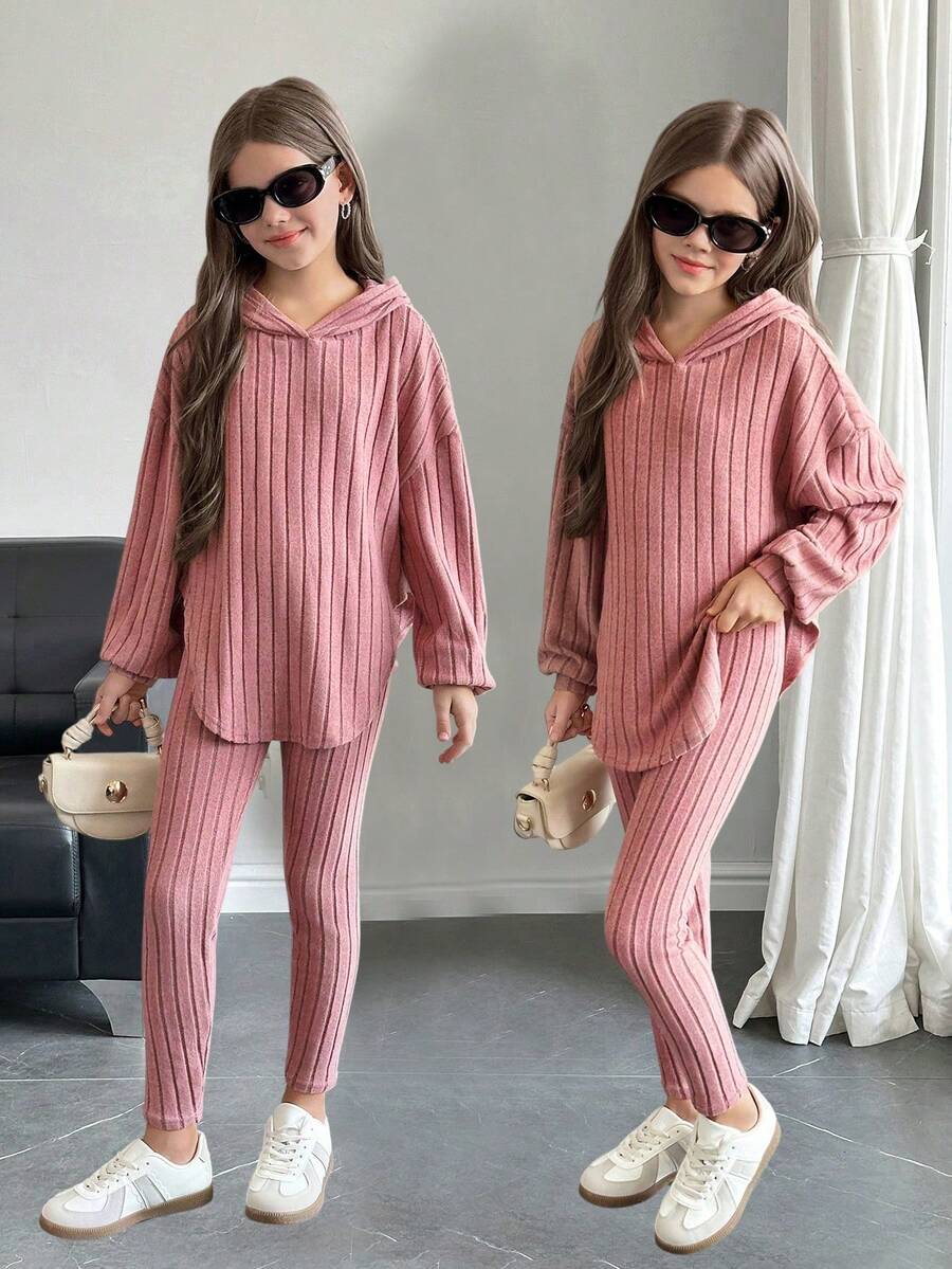 SHEIN 2件套青少年女孩休闲连帽针织上衣和紧身裤套装 - 粉色 - 查看 1