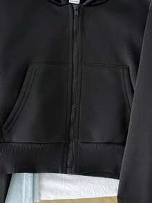 SHEIN 少女休闲宽松舒适日常街头风拉链卫衣，黑色，返校秋冬可爱黑色卫衣 - 黑色 - 查看 4