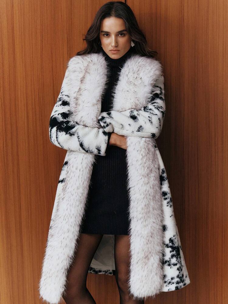 Women's Long Printed Faux Fur Collar Overcoat, Suitable For Autumn, Fall, Winter, Going Out, Elegant, Formal, Party, Chic, New Year, Christmas, Graduation, Wedding