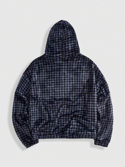 Street Life Men's Prep Plaid Drop Shoulder Long Sleeve Button Half Placket Fleece Hoodie, Autumn/Winter