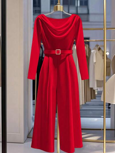 INAWLY Elegancki, swobodny kombinezon w jednolitym kolorze z długim rękawem i ozdobnym paskiem do pracy w pracy dla kobiet