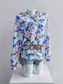 SHEIN Unity Sudadera con capucha de hombros caídos y cordón sin cinturón con estampado total - Blanco - Ver 4