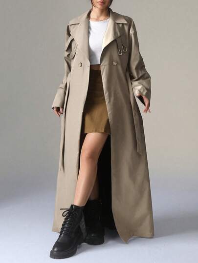 SHEIN EZwear 大码双排扣长袖休闲风衣