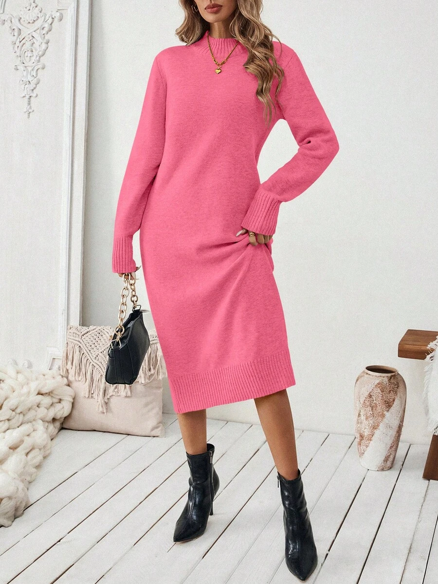 SHEIN Gaun Sweater Panjang Kasual Chic Leher Bulat Warna Fuchsia untuk Wanita - Hot Pink - View 1