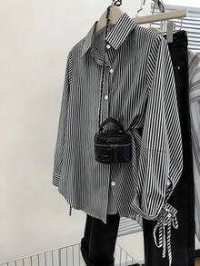 INAWLY 女士休闲通勤条纹翻领宽松长袖防晒衬衫（配领带） - 黑與白 - 查看 1