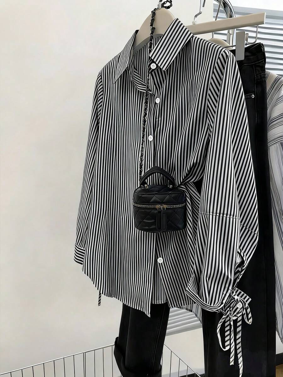 INAWLY 女士休闲通勤条纹翻领宽松长袖防晒衬衫（配领带） - 黑與白 - 查看 1