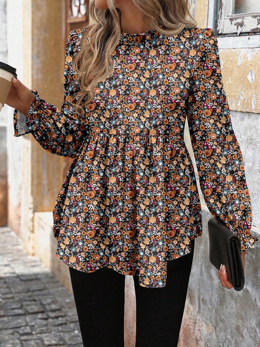 SHEIN LUNE 女士圆领荷叶边袖休闲印花衬衫，基本款日常穿着，秋冬 - 彩色 - 查看 1