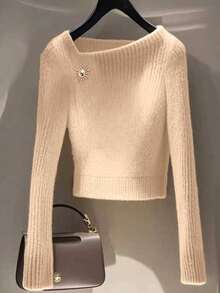 GlowEve Fashionable Minimalist Cold Shoulder Fitted Short Solid Color Sweater, Soft & Cozy, Skin-Friendly, Comfortable Daily Versatile Women's Wear For Spring/Autumn - Khaki - View 1