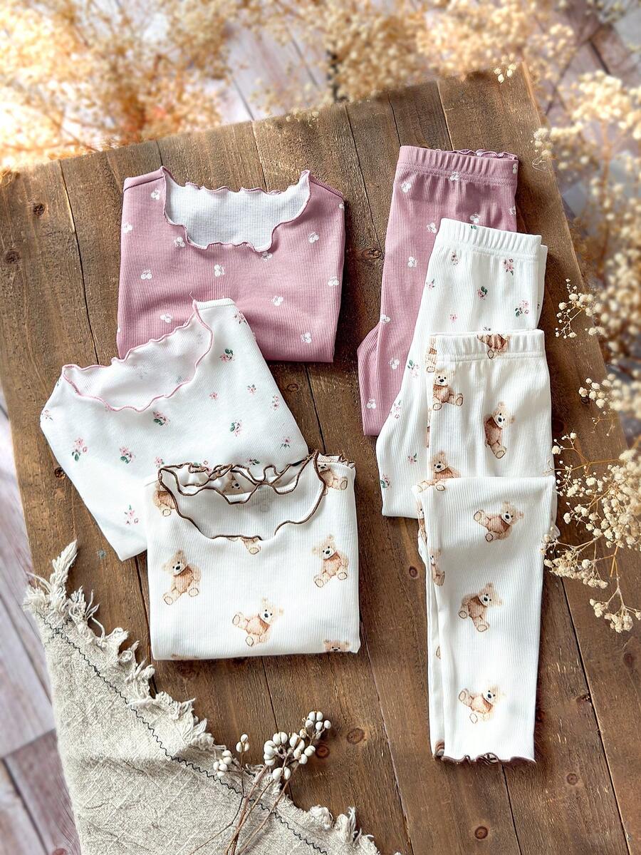SHEIN 6件套少女花卉和熊印花针织休闲T恤和裤子家居服套装 - 彩色 - 查看 1