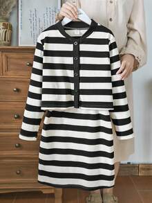 SHEIN 2 Stücke/Set Gestreiftes Trägerkleid und Langarm-Jacke für Tween-Mädchen - Schwarz und Weiss - Übersicht 3