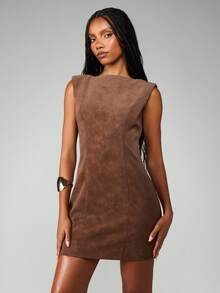 MISSGUIDED 秋冬晚宴无袖麂皮紧身迷你连衣裙 - 咖啡 - 查看 5