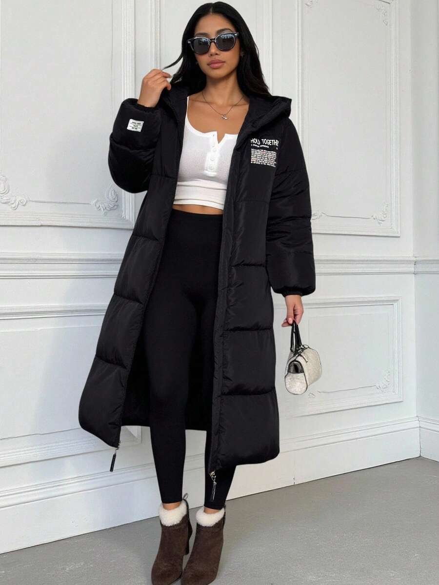 Teen Girl Casual All-Match Versatile Daily School Letter Embroidered Warm Autumn/Winter Long Cotton Padded Hooded Jacket, Versatile Style - Black - View 1