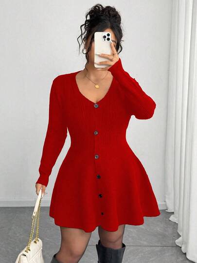 Elenzga 大码纯色V领修身优雅长袖开衫