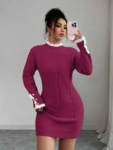 Elenzga Gaun Musim Gugur/Dingin Lengan Panjang dengan Tali Kepang, Kerah Bulat, dan Hiasan Renda, Warna Aprikot - Hot Pink - View 5