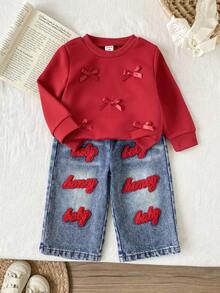 SHEIN 2pcs/Set 6Months-3Years Baby Girl Red Autumn Cute Modest Matching Family Outfits,Bowknot Long Sleeves Top&Letter Embroidery Loose Jeans Korean Suit - Red - View 7