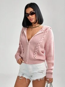 SHEIN Cottnline Áo khoác cardigan dệt kim cáp có mũ trùm đầu và khóa kéo dễ thương cho nữ, Quần áo mùa thu, mùa đông, Áo khoác cardigan, Quần áo mùa thu - Bụi hồng - Xem 6
