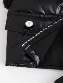 SHEIN Elladie kids 3 件套女婴时尚街头复古优雅人造毛皮背心夹克搭配黑色罗纹长袖 T 恤和黑色百褶裙，秋冬 - 黑色 - 查看 5