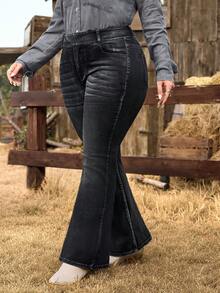 EMERY ROSE Plus Size Women's Vintage Black Multi-Button Denim Flare Pants - Black - View 3